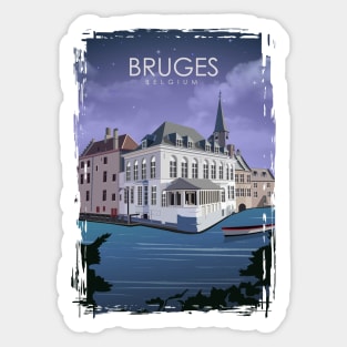 Bruges Vintage Minimal Belgium Travel Poster at Night Sticker